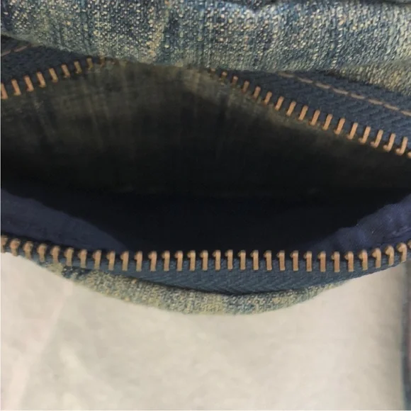 FREE PEOPLE Small Distressed Blue Denim & Gray Leather Fringed Crossbody - Picture 6 of 7